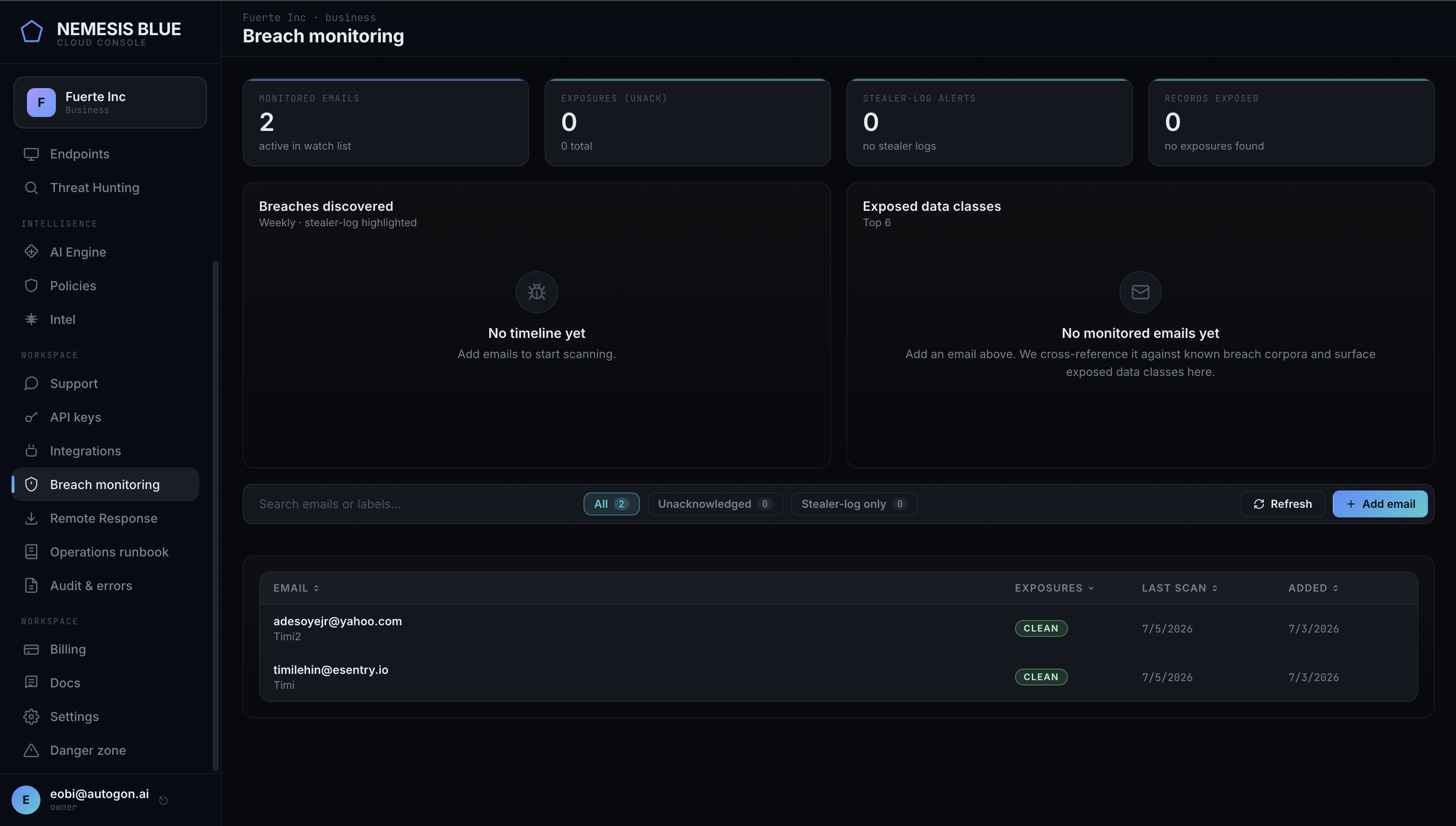 Nemesis Blue cloud console: fleet management