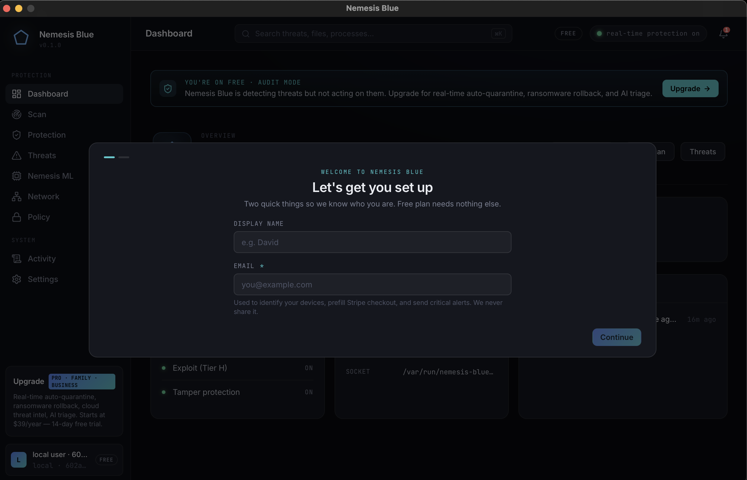Nemesis Blue endpoint app: first-run setup