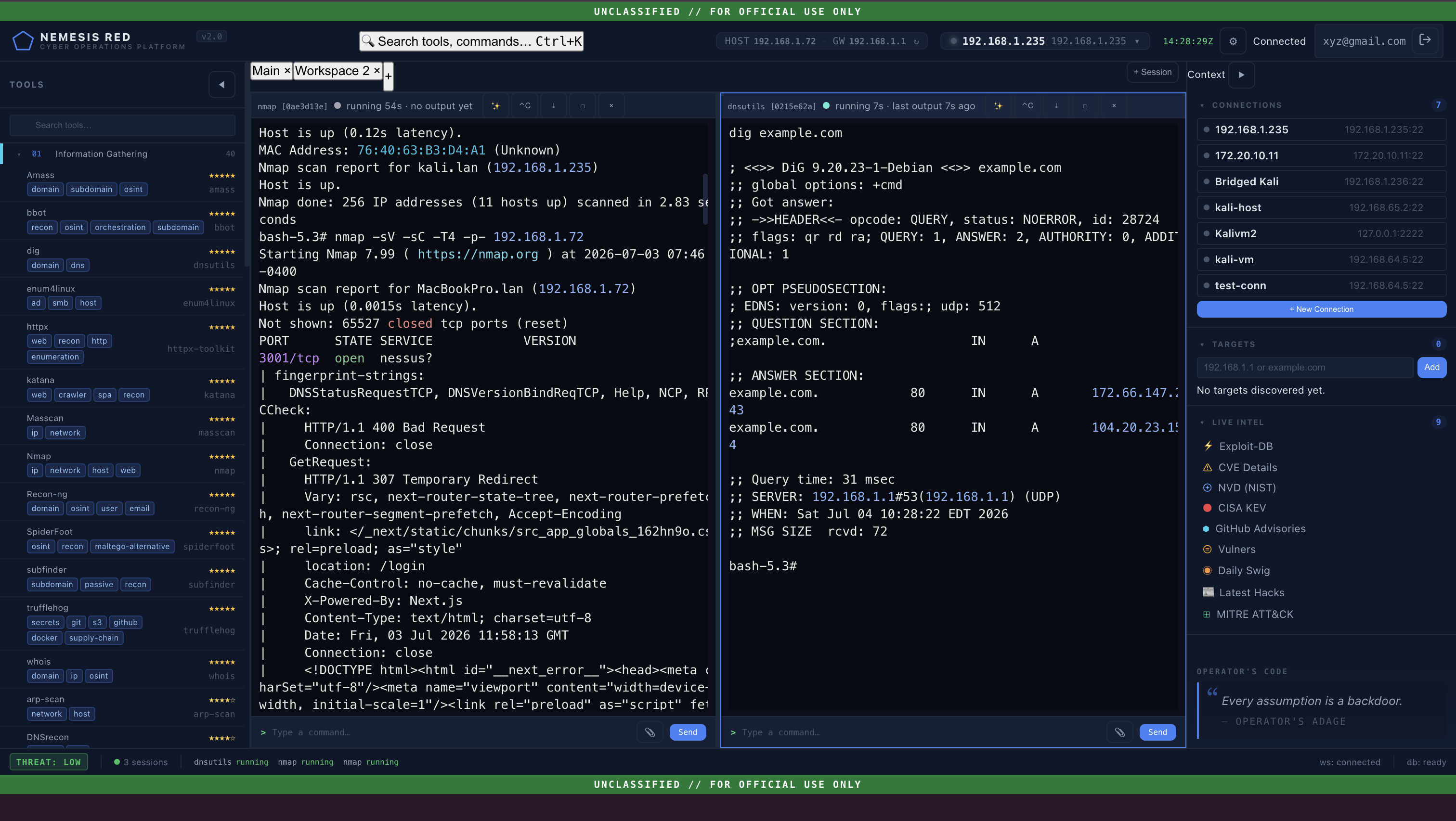 Nemesis Red operator console with live terminals and intel feeds